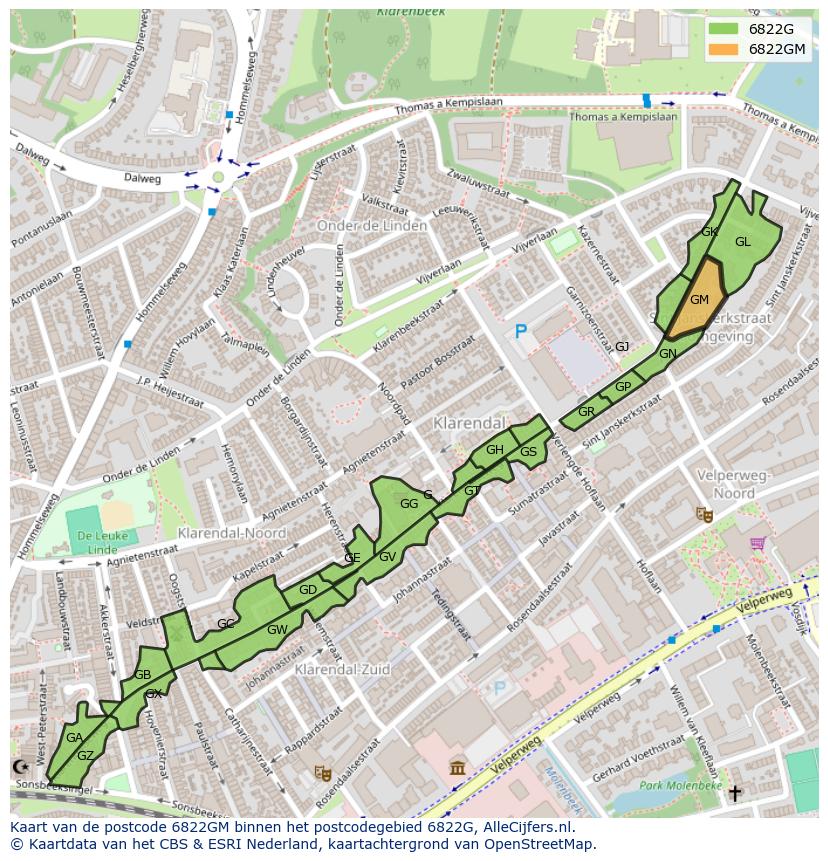 Afbeelding van het postcodegebied 6822 GM op de kaart.