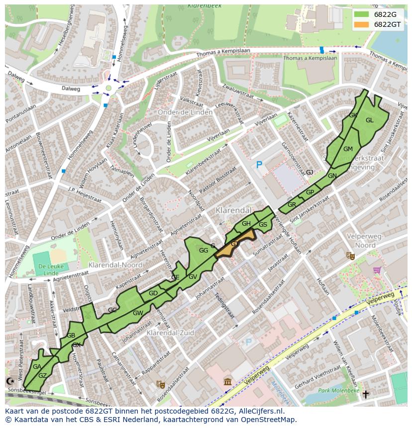 Afbeelding van het postcodegebied 6822 GT op de kaart.