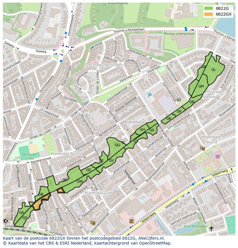 Afbeelding van het postcodegebied 6822 GX op de kaart.