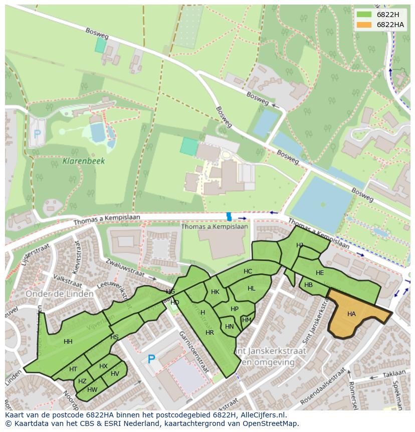 Afbeelding van het postcodegebied 6822 HA op de kaart.