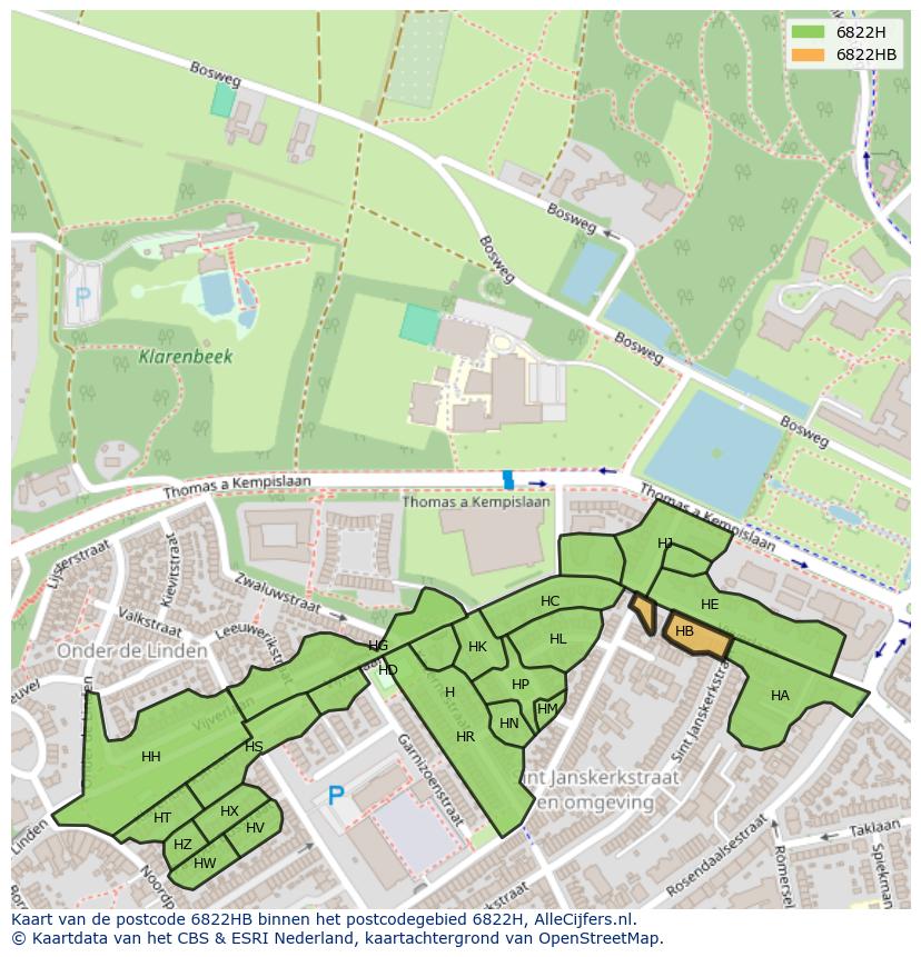 Afbeelding van het postcodegebied 6822 HB op de kaart.