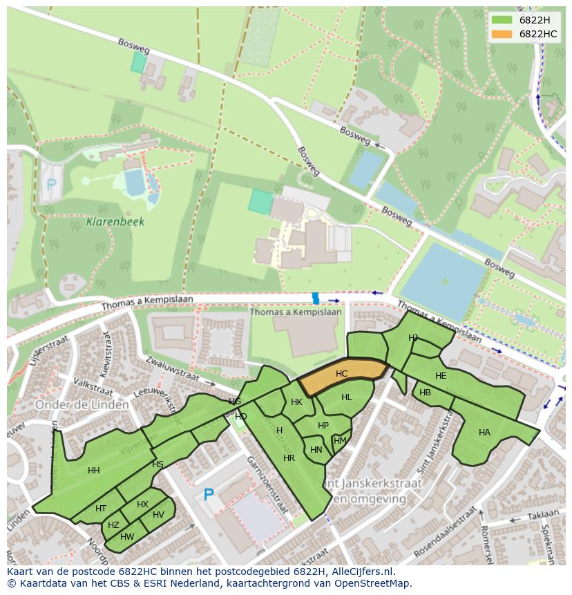 Afbeelding van het postcodegebied 6822 HC op de kaart.
