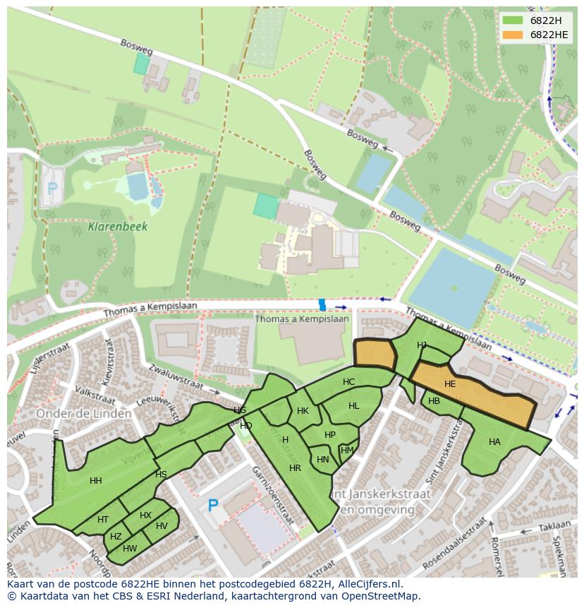 Afbeelding van het postcodegebied 6822 HE op de kaart.