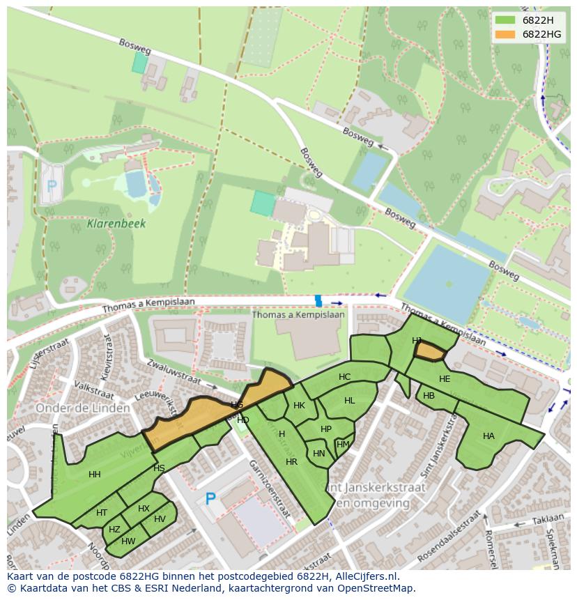 Afbeelding van het postcodegebied 6822 HG op de kaart.