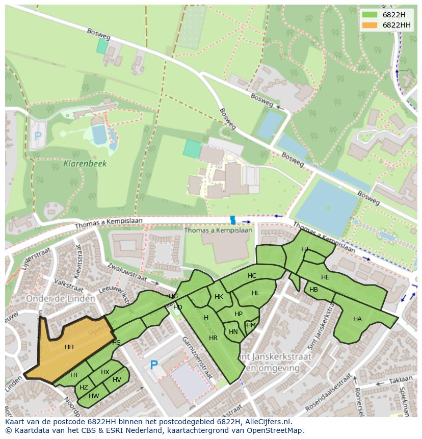 Afbeelding van het postcodegebied 6822 HH op de kaart.