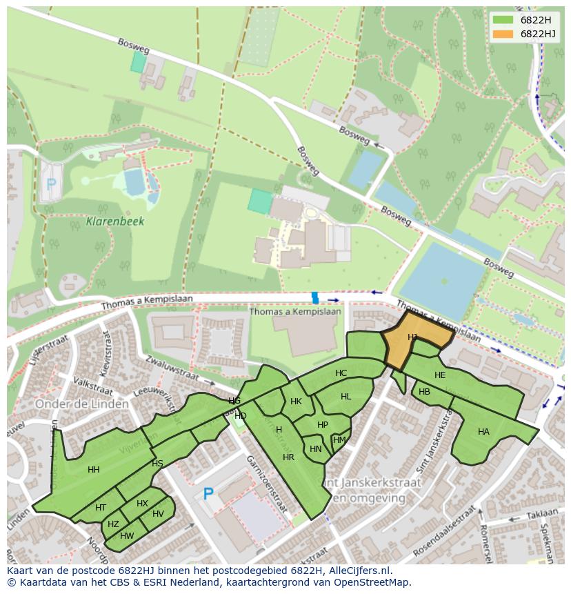 Afbeelding van het postcodegebied 6822 HJ op de kaart.