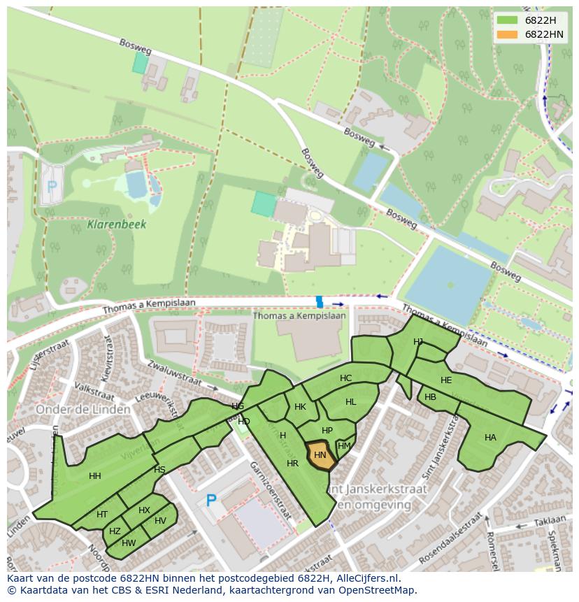 Afbeelding van het postcodegebied 6822 HN op de kaart.