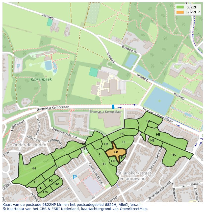 Afbeelding van het postcodegebied 6822 HP op de kaart.