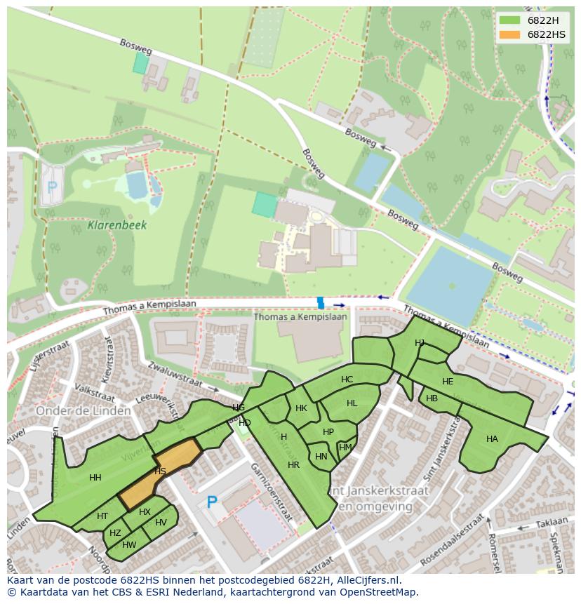 Afbeelding van het postcodegebied 6822 HS op de kaart.