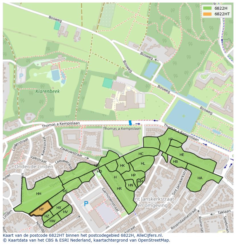Afbeelding van het postcodegebied 6822 HT op de kaart.