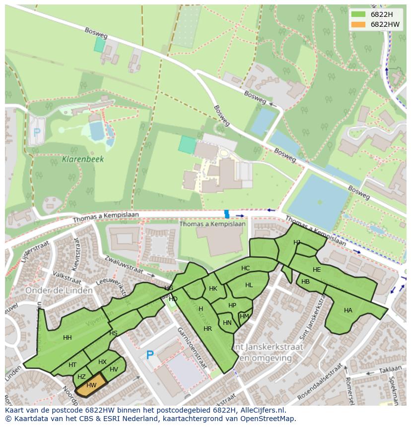 Afbeelding van het postcodegebied 6822 HW op de kaart.