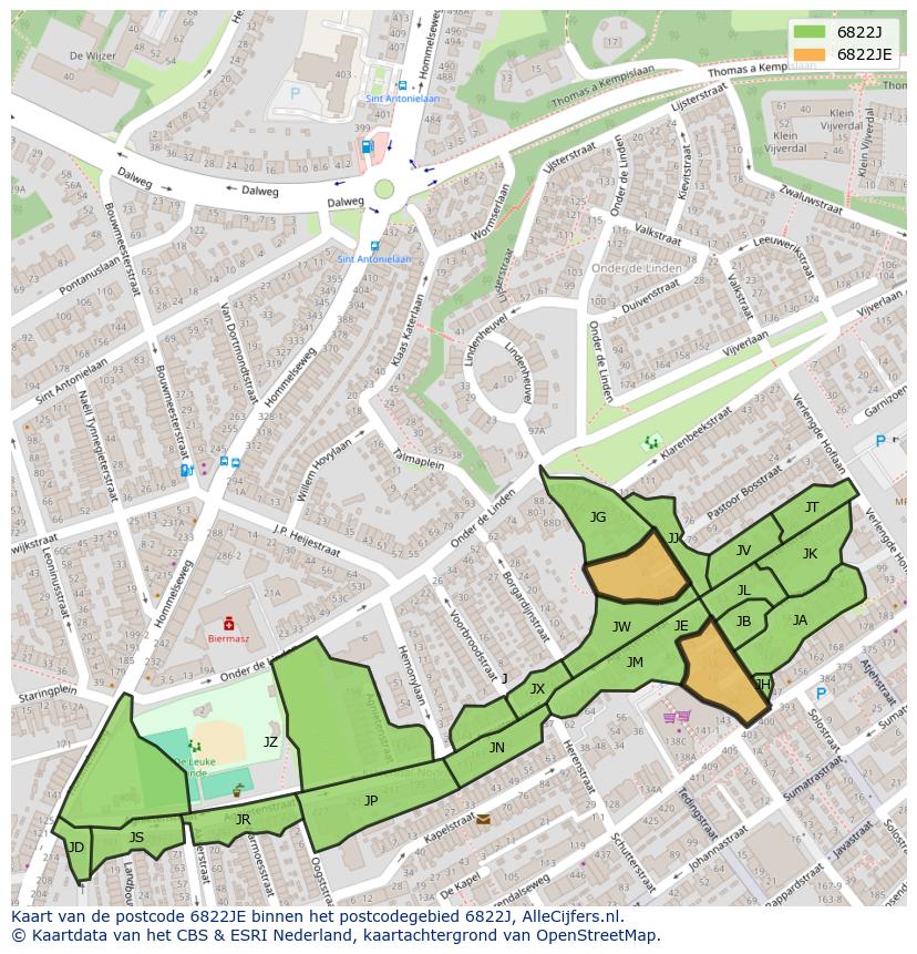 Afbeelding van het postcodegebied 6822 JE op de kaart.
