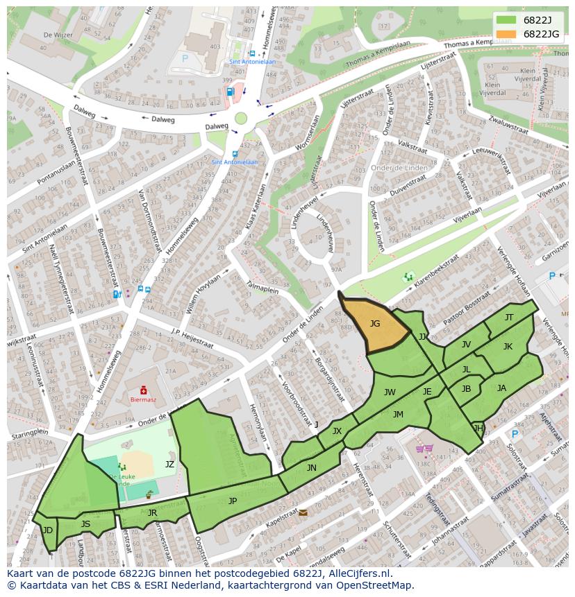 Afbeelding van het postcodegebied 6822 JG op de kaart.