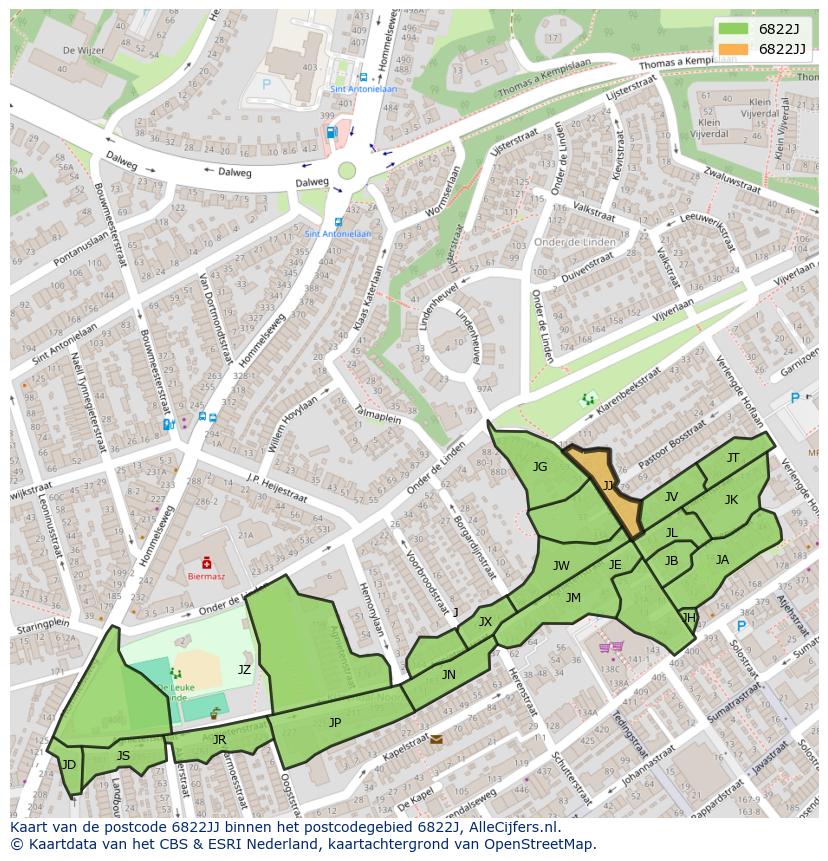 Afbeelding van het postcodegebied 6822 JJ op de kaart.