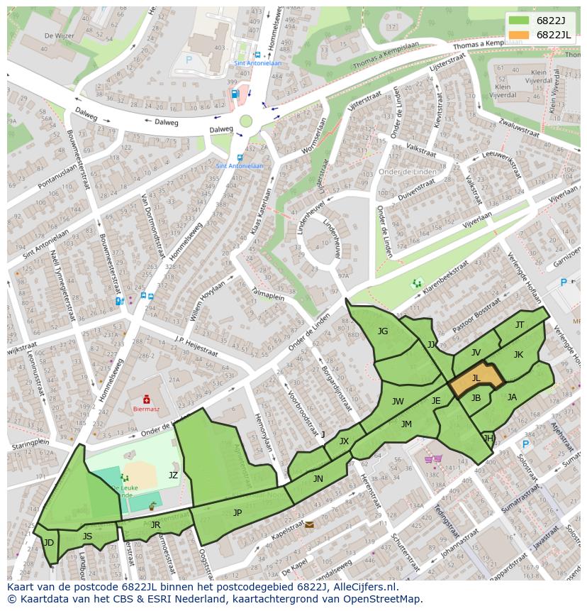 Afbeelding van het postcodegebied 6822 JL op de kaart.