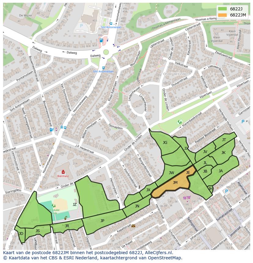 Afbeelding van het postcodegebied 6822 JM op de kaart.