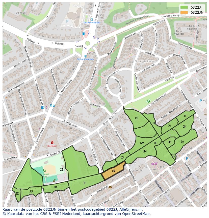 Afbeelding van het postcodegebied 6822 JN op de kaart.