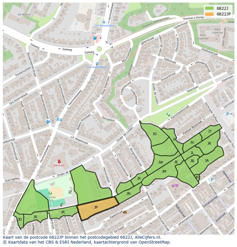 Afbeelding van het postcodegebied 6822 JP op de kaart.