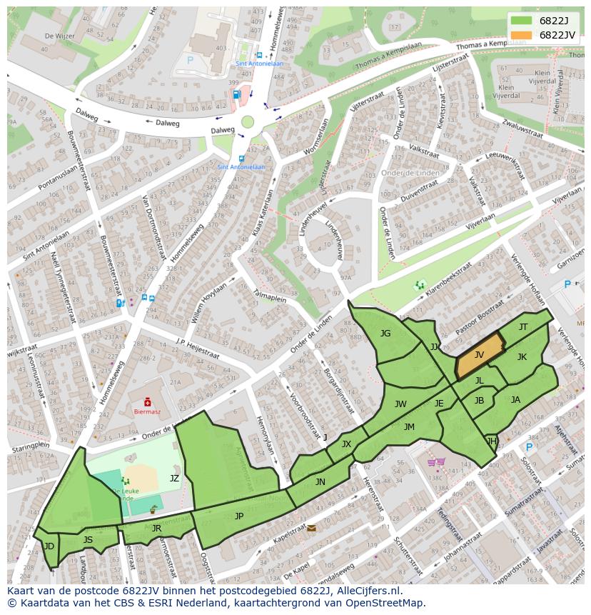 Afbeelding van het postcodegebied 6822 JV op de kaart.