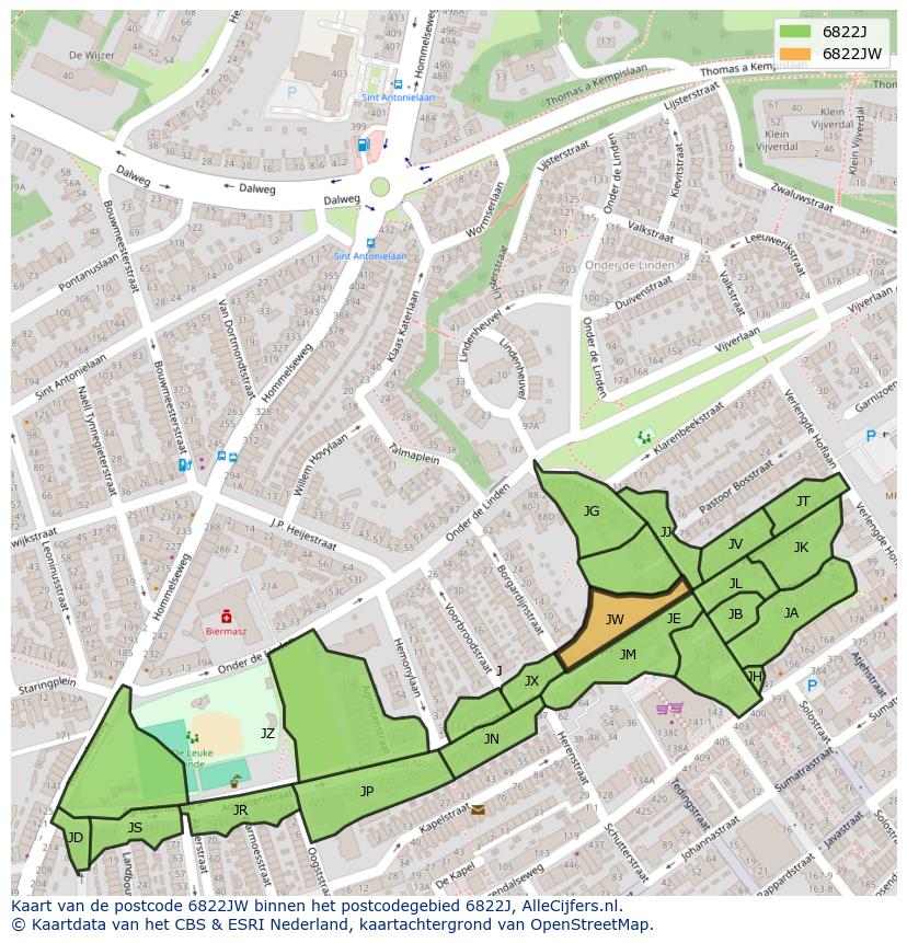 Afbeelding van het postcodegebied 6822 JW op de kaart.