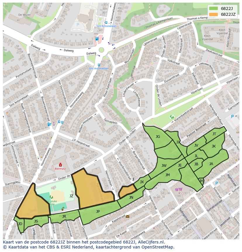 Afbeelding van het postcodegebied 6822 JZ op de kaart.