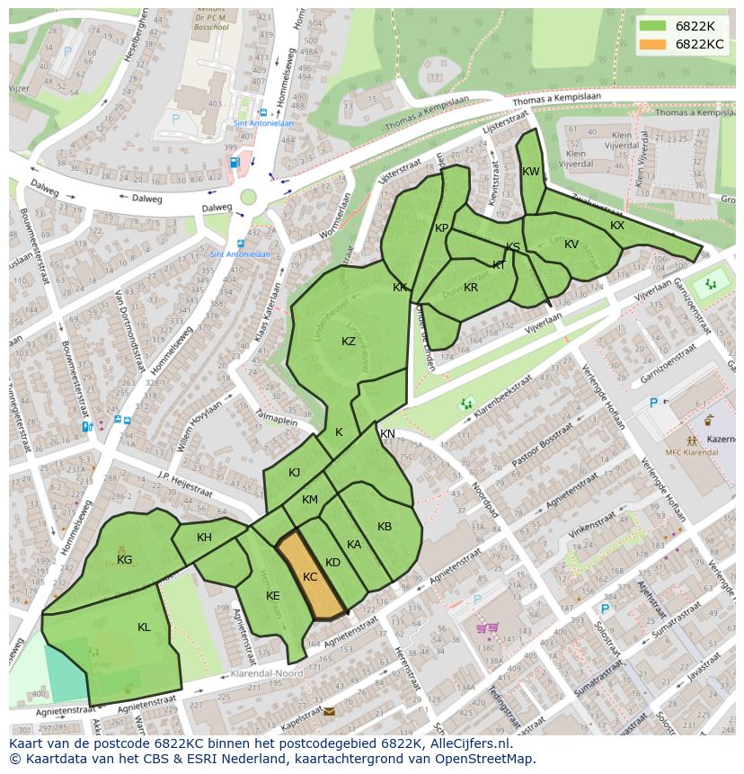 Afbeelding van het postcodegebied 6822 KC op de kaart.