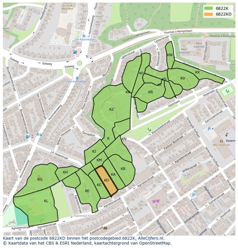 Afbeelding van het postcodegebied 6822 KD op de kaart.