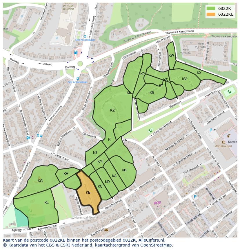 Afbeelding van het postcodegebied 6822 KE op de kaart.