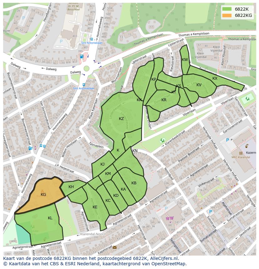 Afbeelding van het postcodegebied 6822 KG op de kaart.