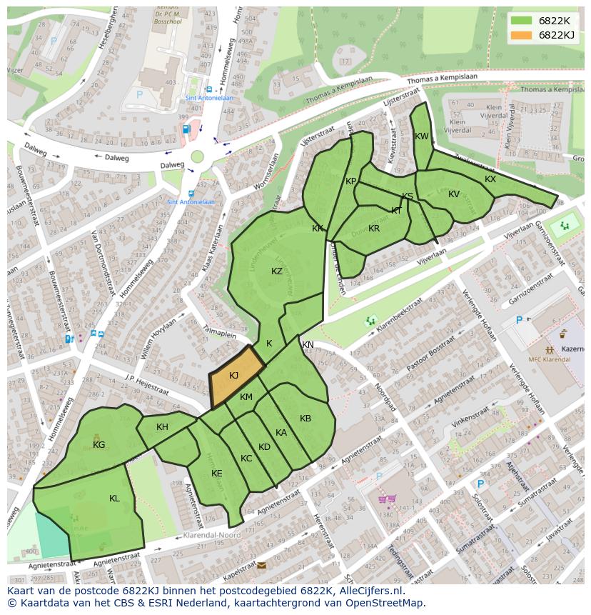 Afbeelding van het postcodegebied 6822 KJ op de kaart.