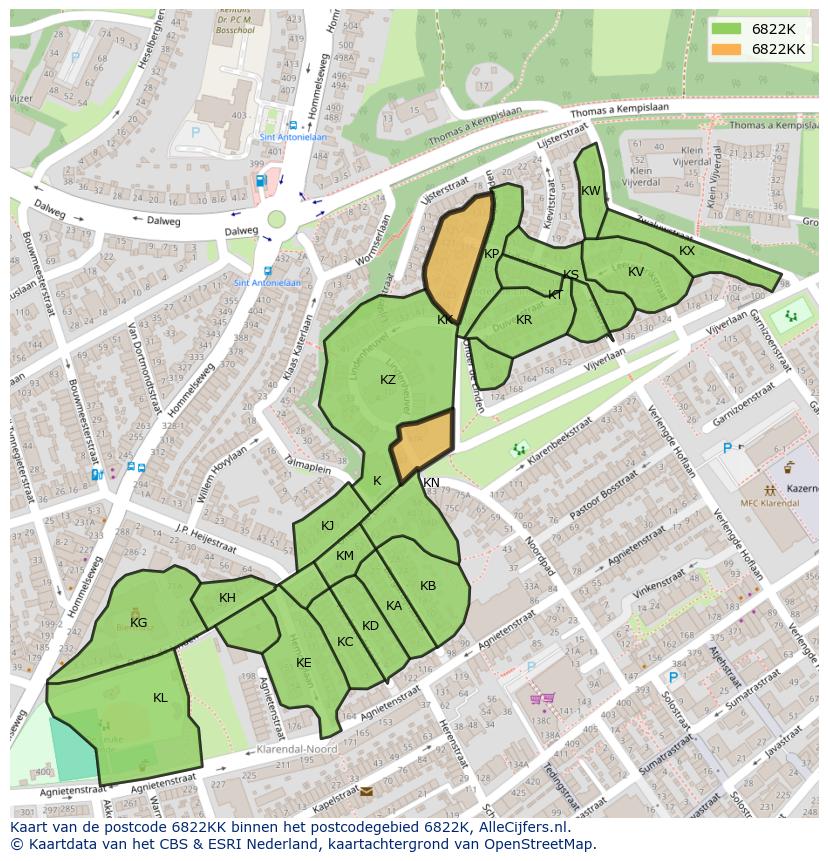 Afbeelding van het postcodegebied 6822 KK op de kaart.