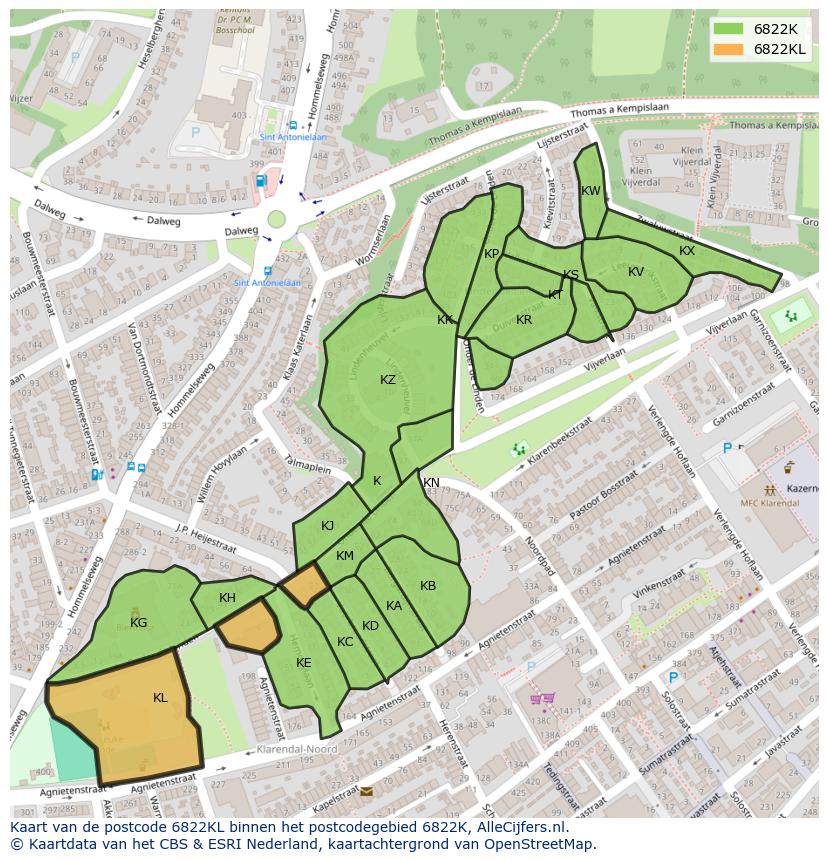 Afbeelding van het postcodegebied 6822 KL op de kaart.