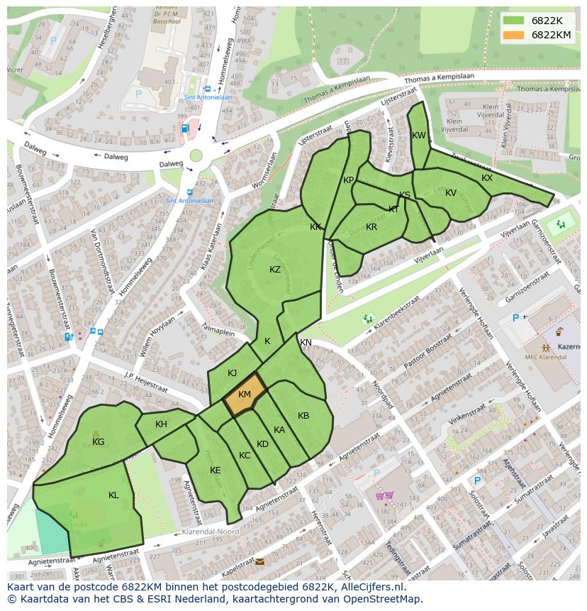 Afbeelding van het postcodegebied 6822 KM op de kaart.