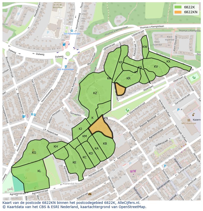 Afbeelding van het postcodegebied 6822 KN op de kaart.