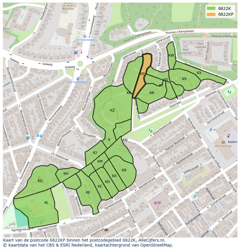 Afbeelding van het postcodegebied 6822 KP op de kaart.