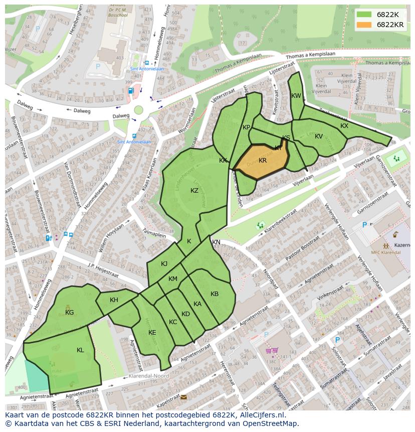 Afbeelding van het postcodegebied 6822 KR op de kaart.