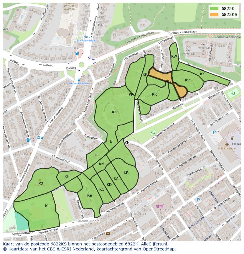 Afbeelding van het postcodegebied 6822 KS op de kaart.