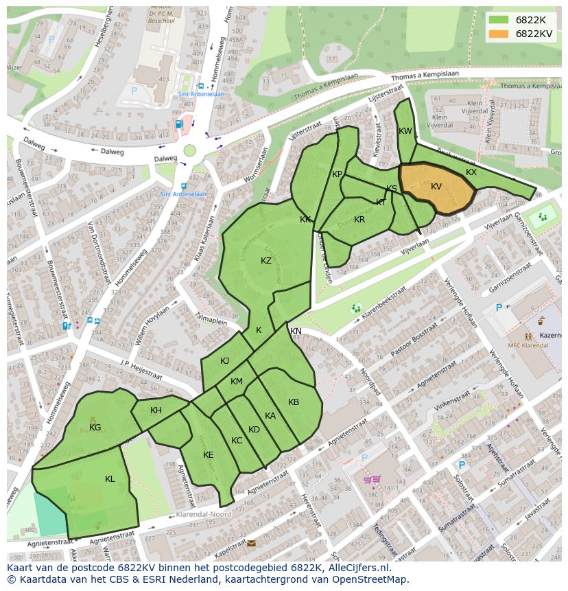 Afbeelding van het postcodegebied 6822 KV op de kaart.