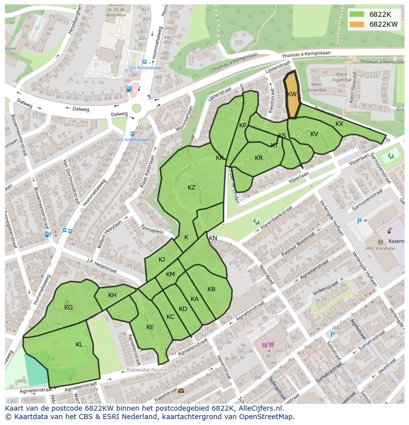 Afbeelding van het postcodegebied 6822 KW op de kaart.