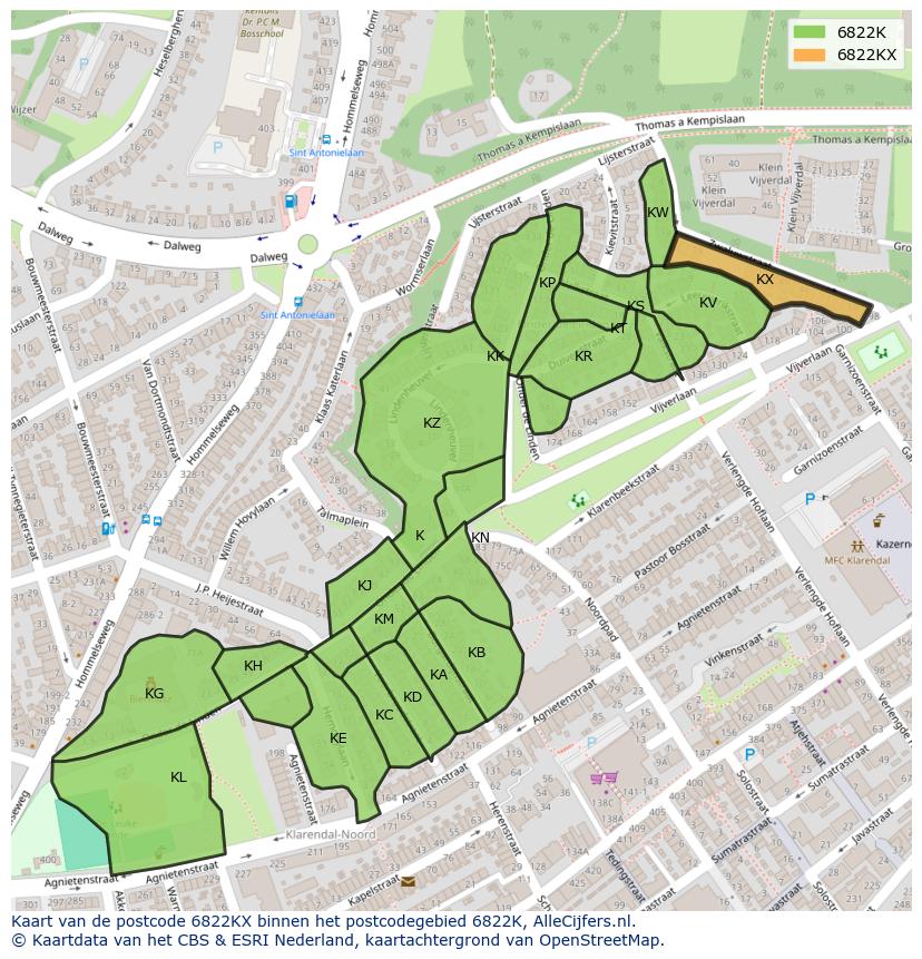 Afbeelding van het postcodegebied 6822 KX op de kaart.
