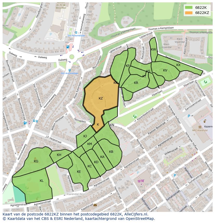 Afbeelding van het postcodegebied 6822 KZ op de kaart.