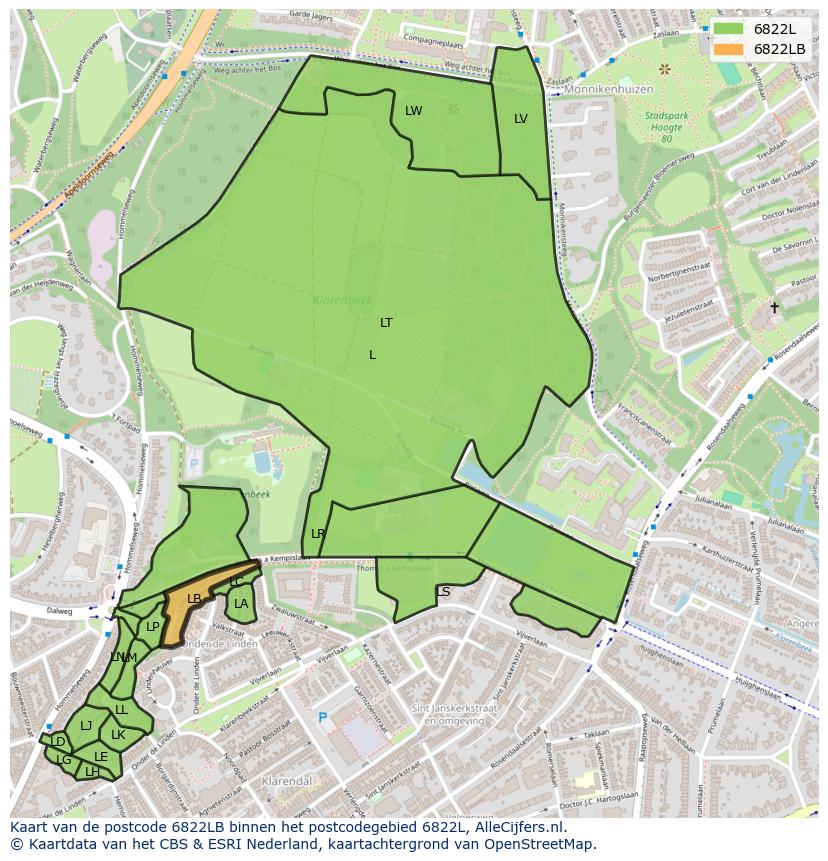 Afbeelding van het postcodegebied 6822 LB op de kaart.