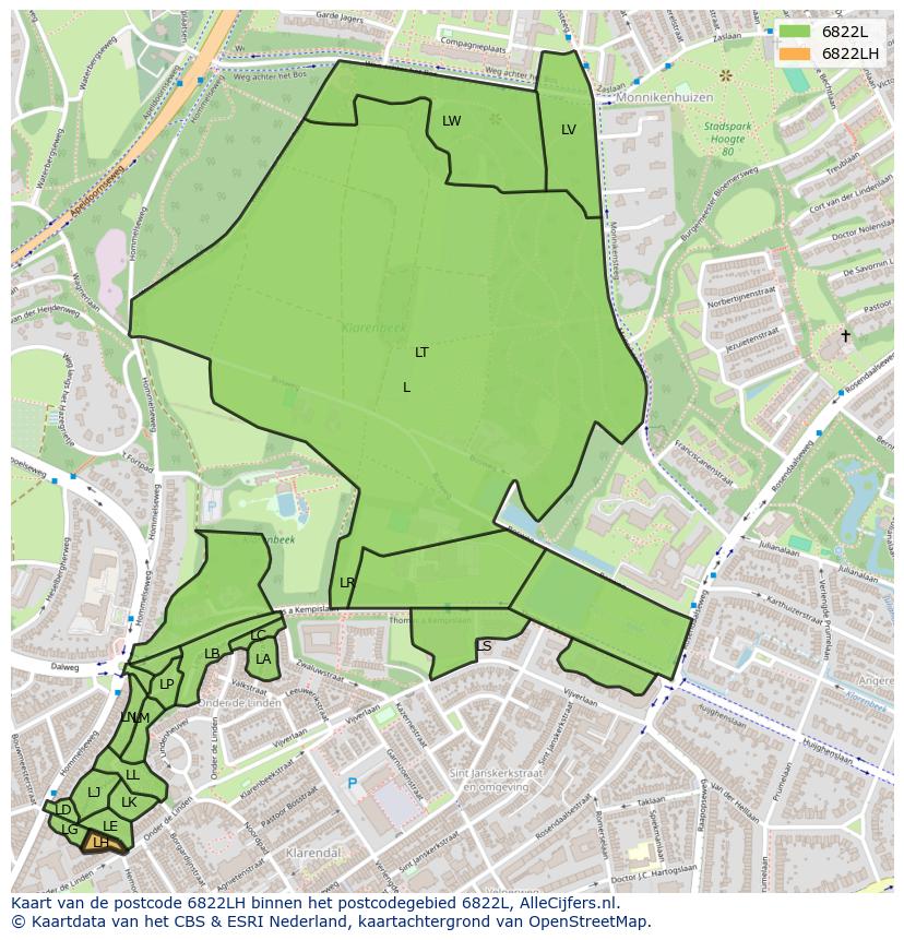 Afbeelding van het postcodegebied 6822 LH op de kaart.