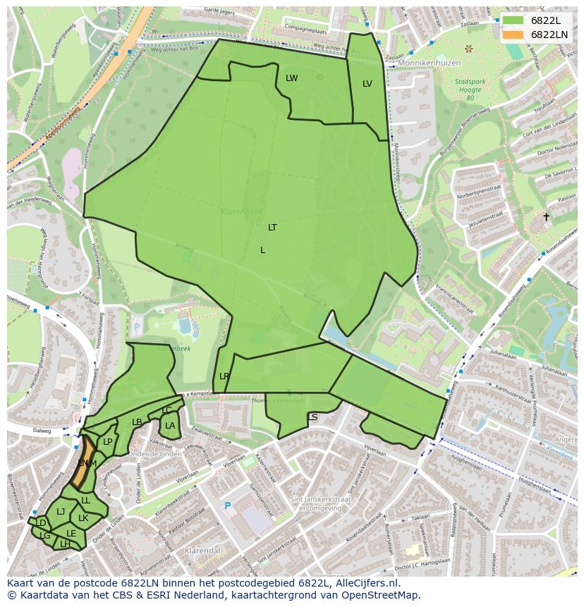 Afbeelding van het postcodegebied 6822 LN op de kaart.
