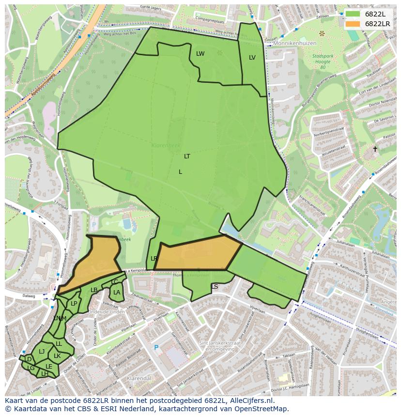 Afbeelding van het postcodegebied 6822 LR op de kaart.