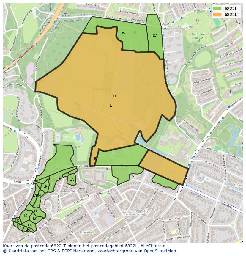 Afbeelding van het postcodegebied 6822 LT op de kaart.