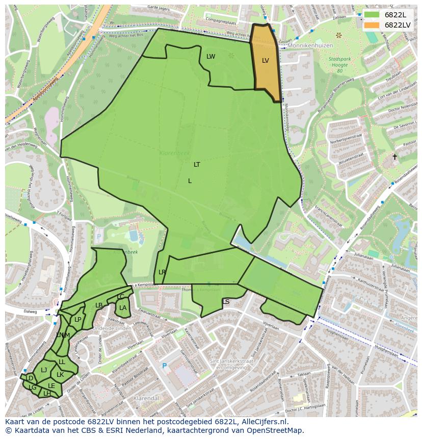 Afbeelding van het postcodegebied 6822 LV op de kaart.