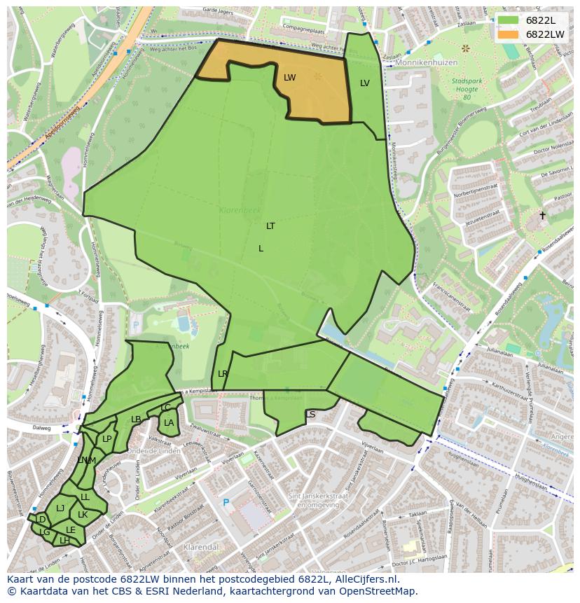 Afbeelding van het postcodegebied 6822 LW op de kaart.