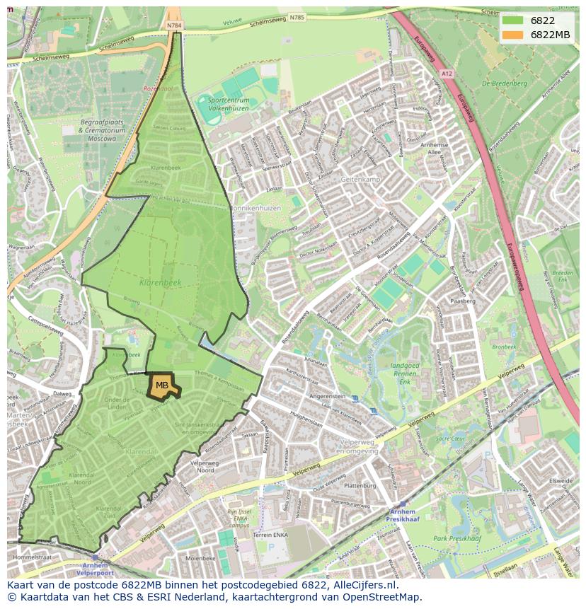 Afbeelding van het postcodegebied 6822 MB op de kaart.