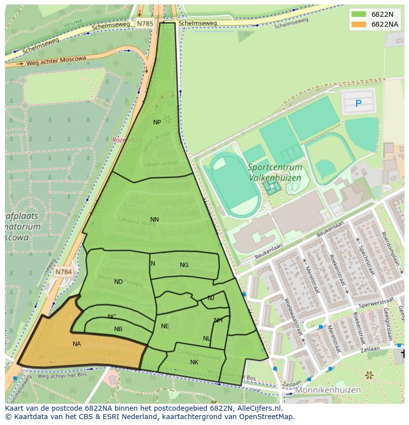 Afbeelding van het postcodegebied 6822 NA op de kaart.